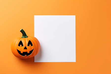 Blank paper sheet with Halloween decorations on pastel background. Greeting card, invitation mockup. Place for inscription. Pumpkin. Modern Minimal business template. top view. Holiday Concept.の素材