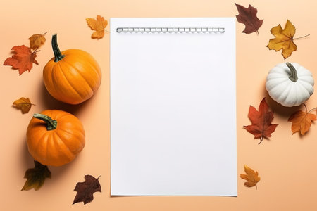 Blank paper sheet with Halloween decorations on pastel background. Greeting card, invitation mockup. Place for inscription. Pumpkin. Modern Minimal business template. top view. Holiday Concept.の素材