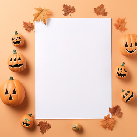 Blank paper sheet with Halloween decorations on pastel background. Greeting card, invitation mockup. Place for inscription. Pumpkin. Modern Minimal business template. top view. Holiday Concept.の素材