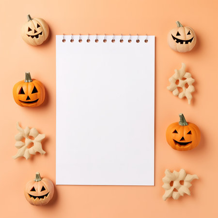 Blank paper sheet with Halloween decorations on pastel background. Greeting card, invitation mockup. Place for inscription. Pumpkin. Modern Minimal business template. top view. Holiday Concept.の素材
