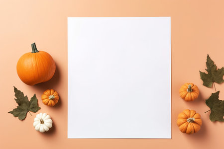Blank paper sheet with Halloween decorations on pastel background. Greeting card, invitation mockup. Place for inscription. Pumpkin. Modern Minimal business template. top view. Holiday Concept.の素材