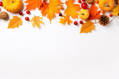 Autumn composition. Rowan berries, dried leaves, pumpkins, and flowers on white background. Autumn, fall, halloween, thanksgiving day concept. View from the top, with text space.の素材