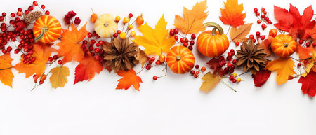 Autumn composition. Rowan berries, dried leaves, pumpkins, and flowers on white background. Autumn, fall, halloween, thanksgiving day concept. View from the top, with text space.の素材