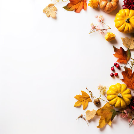 Autumn composition. Rowan berries, dried leaves, pumpkins, and flowers on white background. Autumn, fall, halloween, thanksgiving day concept. View from the top, with text space.の素材