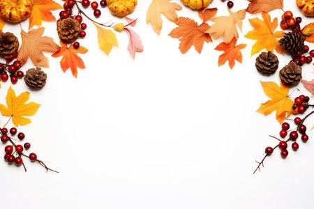 Autumn composition. Rowan berries, dried leaves, pumpkins, and flowers on white background. Autumn, fall, halloween, thanksgiving day concept. View from the top, with text space.の素材