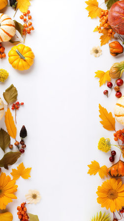 Autumn composition. Rowan berries, dried leaves, pumpkins, and flowers on white background. Autumn, fall, halloween, thanksgiving day concept. View from the top, with text space.の素材