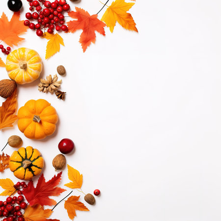Autumn composition. Rowan berries, dried leaves, pumpkins, and flowers on white background. Autumn, fall, halloween, thanksgiving day concept. View from the top, with text space.の素材