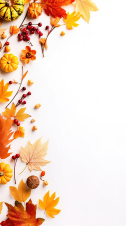 Autumn composition. Rowan berries, dried leaves, pumpkins, and flowers on white background. Autumn, fall, halloween, thanksgiving day concept. View from the top, with text space.の素材