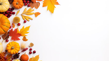 Autumn composition. Rowan berries, dried leaves, pumpkins, and flowers on white background. Autumn, fall, halloween, thanksgiving day concept. View from the top, with text space.の素材