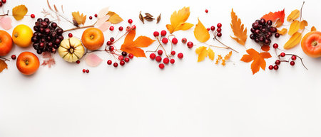 Autumn composition. Rowan berries, dried leaves, pumpkins, and flowers on white background. Autumn, fall, halloween, thanksgiving day concept. View from the top, with text space.の素材