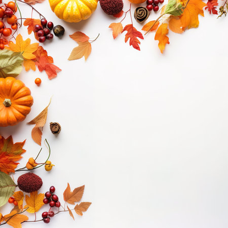 Autumn composition. Rowan berries, dried leaves, pumpkins, and flowers on white background. Autumn, fall, halloween, thanksgiving day concept. View from the top, with text space.の素材