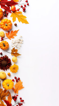 Autumn composition. Rowan berries, dried leaves, pumpkins, and flowers on white background. Autumn, fall, halloween, thanksgiving day concept. View from the top, with text space.の素材
