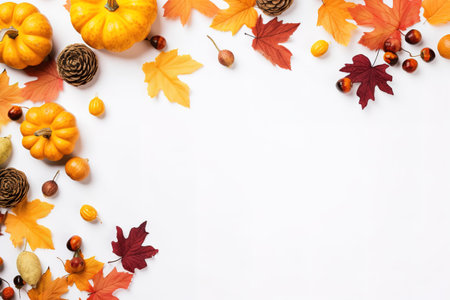 Autumn composition. Rowan berries, dried leaves, pumpkins, and flowers on white background. Autumn, fall, halloween, thanksgiving day concept. View from the top, with text space.の素材