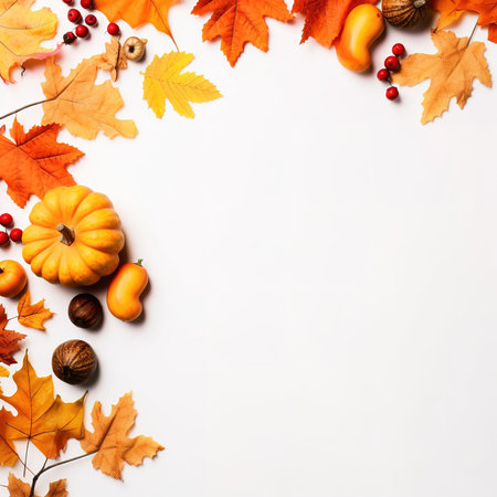 Autumn composition. Rowan berries, dried leaves, pumpkins, and flowers on white background. Autumn, fall, halloween, thanksgiving day concept. View from the top, with text space.の素材