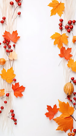 Autumn composition. Rowan berries, dried leaves, pumpkins, and flowers on white background. Autumn, fall, halloween, thanksgiving day concept. View from the top, with text space.の素材