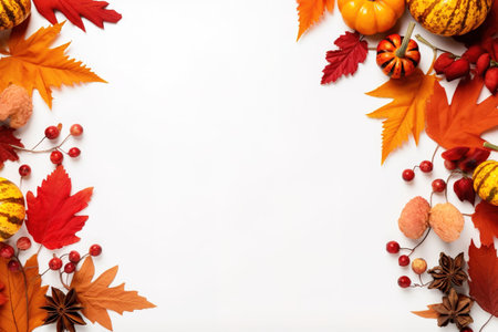 Autumn composition. Rowan berries, dried leaves, pumpkins, and flowers on white background. Autumn, fall, halloween, thanksgiving day concept. View from the top, with text space.の素材