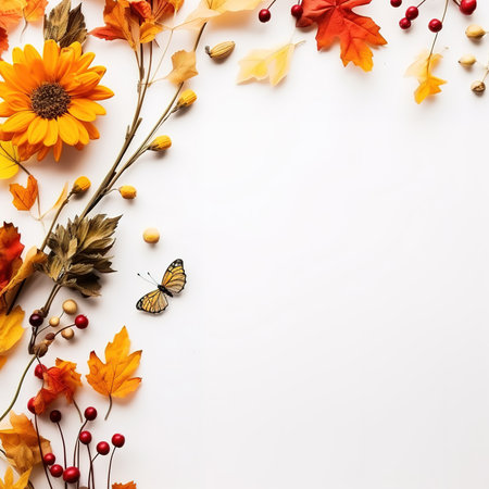 Autumn composition. Rowan berries, dried leaves, pumpkins, and flowers on white background. Autumn, fall, halloween, thanksgiving day concept. View from the top, with text space.の素材