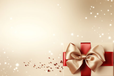 Holiday beige background with gift, red satin bow, ribbon with Copy space.の素材