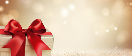 Holiday beige background with gift, red satin bow, ribbon with Copy space.の素材