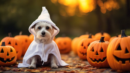 Dog wearing a ghost costume sitting between pumpkins for Halloween in Autumn background.の素材