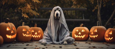 Dog wearing a ghost costume sitting between pumpkins for Halloween in Autumn background.の素材