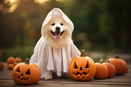 Dog wearing a ghost costume sitting between pumpkins for Halloween in Autumn background.の素材