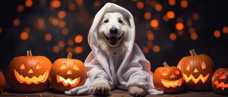 Dog wearing a ghost costume sitting between pumpkins for Halloween in Autumn background.の素材