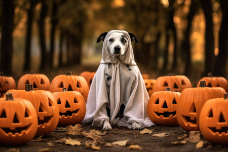 Dog wearing a ghost costume sitting between pumpkins for Halloween in Autumn background.の素材