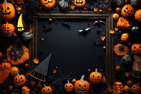 Halloween frame flat lay. Modern pumpkins jack o lantern, spiders, bats frame on background with space for text. Season's greeting card. Happy Halloween.の素材