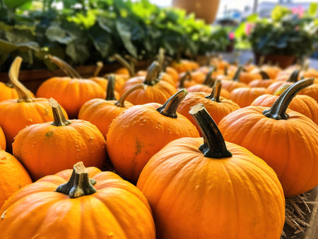 Several mini pumpkins at outdoor farmers market.の素材