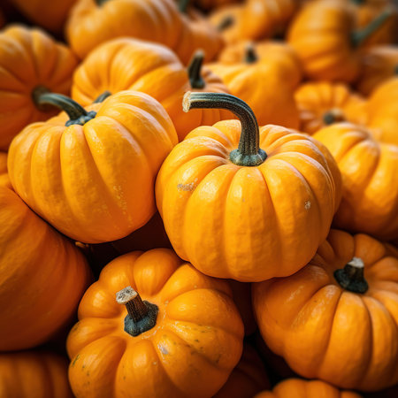Several mini pumpkins at outdoor farmers market.の素材