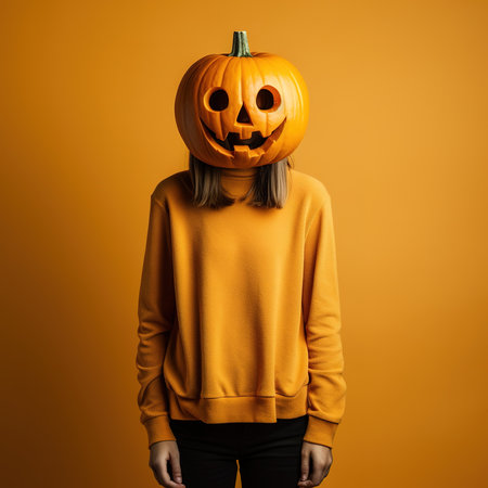 Portrait of a woman with pumpkin head. Funny young girl standing isolated on a yellow background, holding a carved orange pumpkin and hiding her face behind it. Halloween concept.の素材