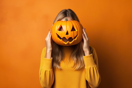 Portrait of a woman with pumpkin head. Funny young girl standing isolated on a yellow background, holding a carved orange pumpkin and hiding her face behind it. Halloween concept.の素材