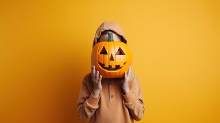 Portrait of a kid with pumpkin head. Funny kid standing isolated on a yellow background, holding a carved orange pumpkin and hiding his face behind it. Halloween concept.の素材