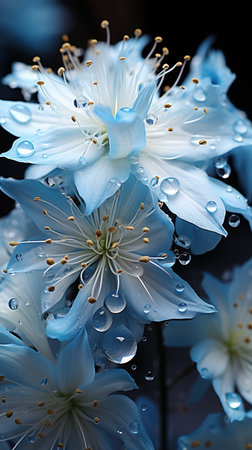 Close up of Blue flowers with drops of water on dark background. Beautiful Macro Photo. Colorful Flowers.の素材