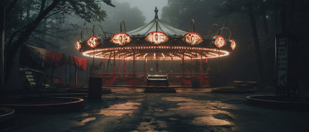 Nighttime abandoned amusement park with sanatorium, ferris wheel, and foggy park. Background concept for Halloween.の素材