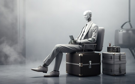 AI robot sitting down holding a briefcase waiting for a job interview.の素材