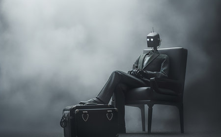 AI robot sitting down holding a briefcase waiting for a job interview.の素材
