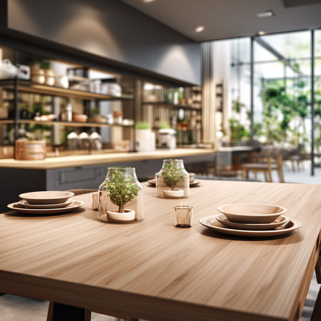 Kitchen counter top for product display with modern minimalist kitchen room interior in the background.の素材