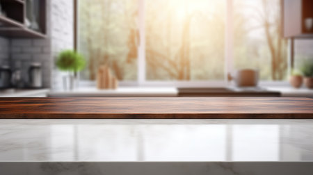 Kitchen counter top for product display with modern minimalist kitchen room interior in the background.の素材