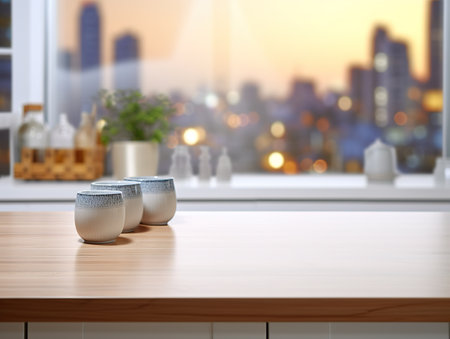 Kitchen counter top for product display with modern minimalist kitchen room interior in the background.の素材