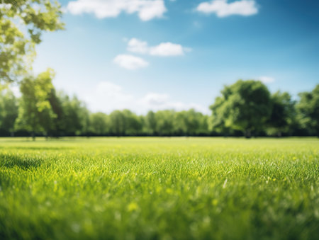 Blurred background of spring nature with a nicely trimmed lawn against a blue sky and clouds on a bright sunny day.の素材