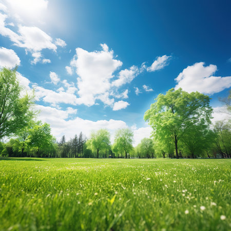 Blurred background of spring nature with a nicely trimmed lawn against a blue sky and clouds on a bright sunny day.の素材