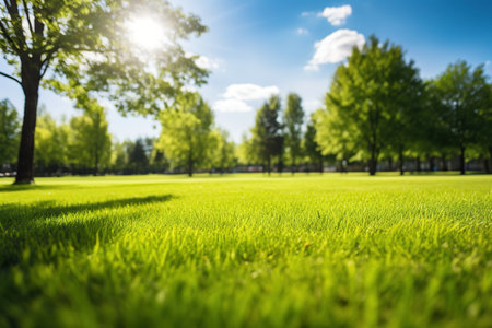 Blurred background of spring nature with a nicely trimmed lawn against a blue sky and clouds on a bright sunny day.の素材