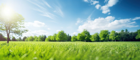 Blurred background of spring nature with a nicely trimmed lawn against a blue sky and clouds on a bright sunny day.の素材