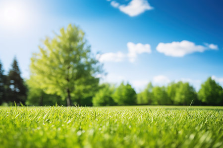 Blurred background of spring nature with a nicely trimmed lawn against a blue sky and clouds on a bright sunny day.の素材