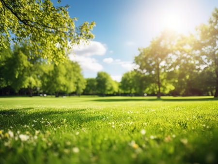 Blurred background of spring nature with a nicely trimmed lawn against a blue sky and clouds on a bright sunny day.の素材