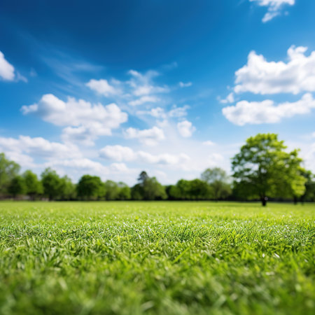 Blurred background of spring nature with a nicely trimmed lawn against a blue sky and clouds on a bright sunny day.の素材