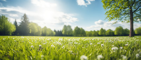 Blurred background of spring nature with a nicely trimmed lawn against a blue sky and clouds on a bright sunny day.の素材