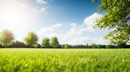 Blurred background of spring nature with a nicely trimmed lawn against a blue sky and clouds on a bright sunny day.の素材
